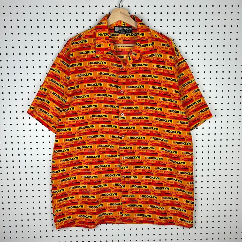 Brooklyn Xpress Streetwear Y2K Shirt Size Large Button Short Sleeve Orange Skate
